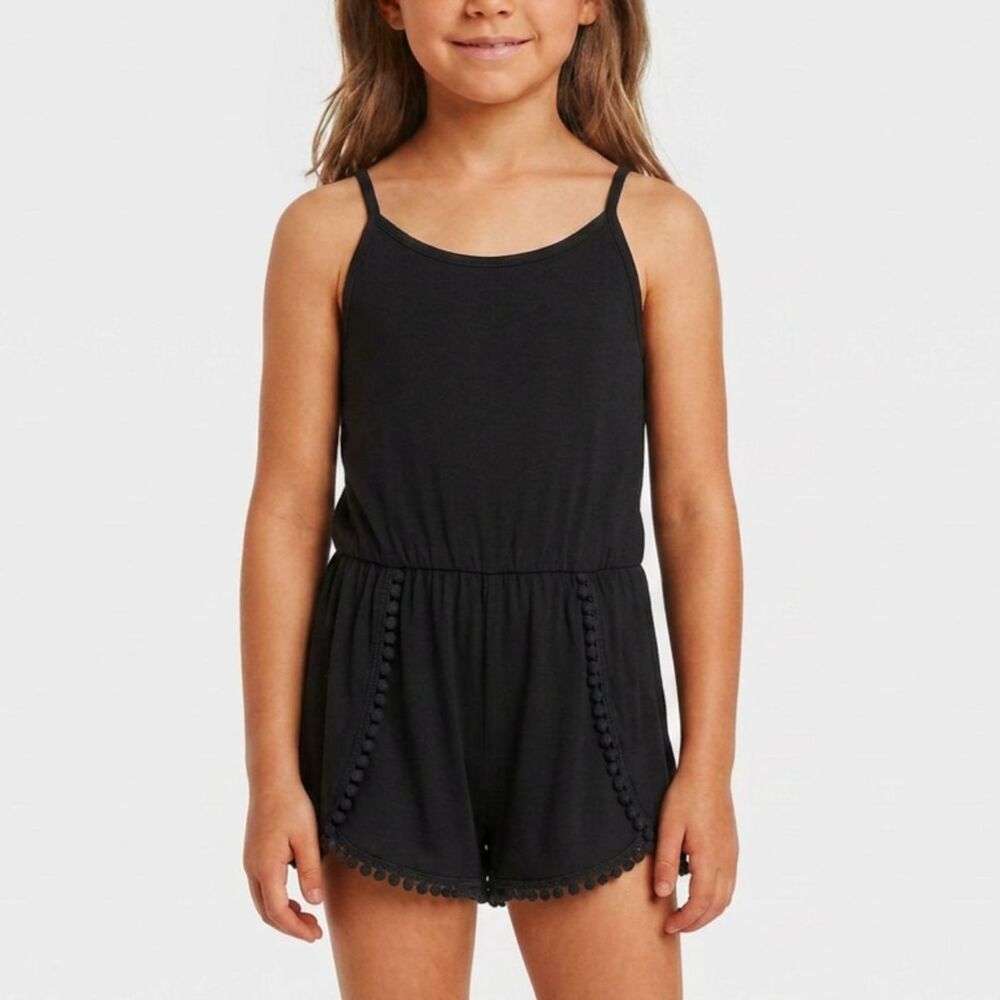 Girls Halter Style Black Shorts Romper with Pom Pom Lace Trim by JW Girl sz 5T